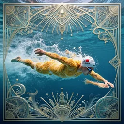 a swimmer made of pasta, ethereal art deco, fantasy, intricate art deco undewater designs, elegant, highly detailed competition swimming, butterfly stroke, sharp focus, art by artgerm and beeple and greg rutkowski and wlop