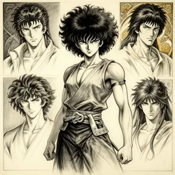 original anime waifu character design afro samurai. pencil and ink by artgerm, cushart krenz, greg rutkowski and alphonse mucha. dramatic lighting