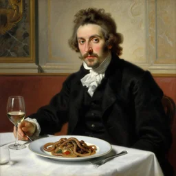 baroque oil painting handsome aristocrat in elegant black suit in a restaurant, dish with cooked sandworm from dune on a plate, painted by greg rutkowski cushart krentz jeremy mann, wine glass, marble interior, close up shot, soft lighting, morandi color scheme, white tablecloth, baroque style, volumetric lighting, photo realistic, highly detailed