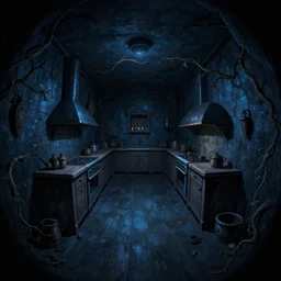 night night night underground basement, dark walls walls walls, fisheye spiral, naive, extra narrow, detailed illustration of a kitchen, large floor, dungeon difuse lighting by gediminas pranckevicius, trending artstation, dark blue, vines crawling, tavern
