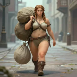 a pretty dwarven woman walking in city streets holding a heavy bag, by johan grenier, fantasy artwork, secret of mana, intricate braided hair, short chubby plump figure, smooth, centered