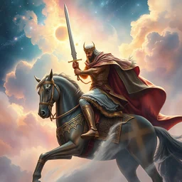 khalid ibn al walid fighting with his sword on his horse surrounded by nebula, highly detailed, gold filigree, romantic storybook fantasy, soft cinematic lighting, award, disney concept art watercolor illustration by mandy jurgens and alphonse mucha and alena aenami, pastel color palette, featured on artstation