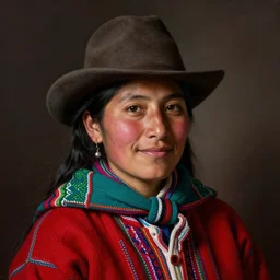 head and shoulders portrait of a female engineer, quechua!, scarf, hat, tonalist, symbolist, realistic, chiaroscuro, baroque, detailed, modeled lighting, vignetting, vermilion and viridian, angular, smiling, raven