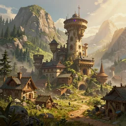digital painting of a detailed futuristic steampunk castle village, behind a forest, large mountains in back, concept art, low angle, high detail, warm lighting, volumetric, godrays, vivid, beautiful, trending on artstation, by Jordan grimmer, no focus, huge scene, grass, no bricks