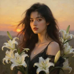 oil painting close up portrait of a young woman with long dark flowing hair in a black dress, surrounded by white lilies!! at sunset, hazy, digital art, chiaroscuro, artstation, cinematic, golden hour, digital art painting by greg rutkowski, 7 0 s japanese sci - fi book art, william - adolphe bouguereau, hazy atmosphere, cinematic lighting