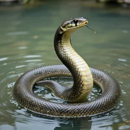 a water serpent, rearing back as it stands up in a pool of water. it looks like it is about to strike. it should be of good size, at least a dozen feet long and maybe 6 - 1 2 inches around