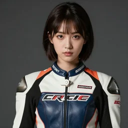incredibly realistic, youthful asian demure, perfect features, feminine cut, frontiers in flight leather suit, made of sewn together motor racing logos, cosplay fashion, stephen meisel, 3 5 mm, extreme closeup 3 / 4, highly detailed : beautiful three point perspective, portrait photo in chiaroscuro style, 1 9 7 0 s