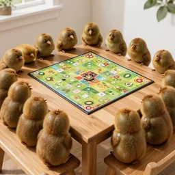 photo of a dozen kiwis kiwi birds kiwi birds sitting around a wooden rectangular table playing a board game
