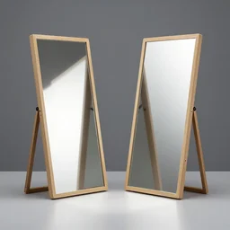 two mirrors with a wooden frame standing parallel to each other refracting each other recursively on a table in a studio, octane render 8 k