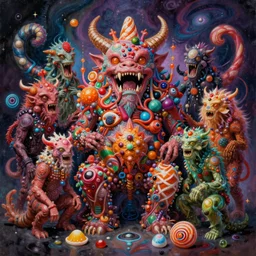 a high hyperdetailed painting with complex textures of a group of deformed monsters united within a larger monster, made of candies and psychotropic psychoactive substances cosmic psychedelic fulcolor spiritual chaos surrealism horror bizarre psycho art