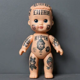 photograph of a cabbage patch doll covered in russian gang tattoos