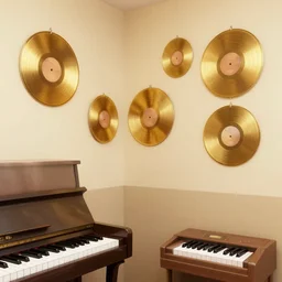 piano room with golden vinyl hanging on walls, 8 k, digital art.
