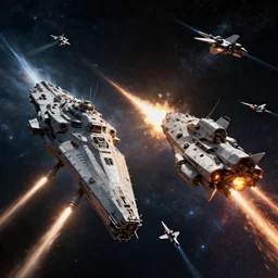 A highly detailed Sci-Fi concept art matte  painting set in space  by PETER ELSON + Vincent Di Fate + Fred Gambino of an epic Space battle , Two massive capital ships firing at it each other ,while small fighter ships fly in formation ready to attack , deep space , dark  and stars in the background , lasers and explosions, perspective , action shot . octane render, redshift render  , trending on Artstation ,HD 4K