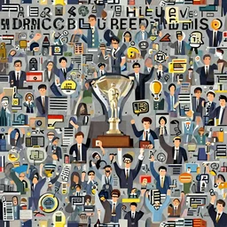 corporate Vector illustration of business people jubilant at winning a prize, colourful, high detail, broadband.