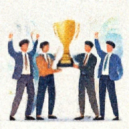 corporate Vector illustration of business people jubilant at winning a prize, colourful, high detail, broadband.
