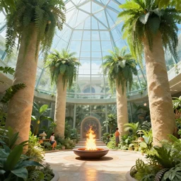 interior of a beautiful glass ziggurat with sand pillars, lush gardens hanging, fire pit in center, by peter mohrbacher dan mumford craig mullins nekro, cgsociety, pixiv, volumetric light, 3 d render