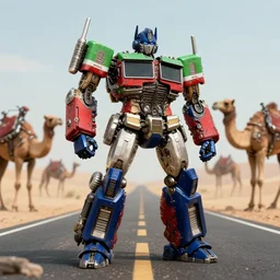 medium macro shot of hyper detailed green and white steam punk optimus prime transformer standing posed like a superhero in the middle of a deserted highway in a desert, surrounded by hostile mutant cybernetic camels, detailed concept art, cinematic, shallow depth of field, octane render, 8 k