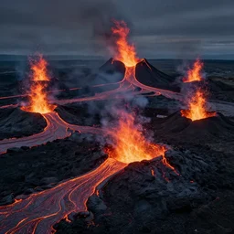 realistic photo of volcanic lava eruption at too many locations, wide angle shot, very sharp focus, dark background, very hyper realistic, highly detailed, fantasy art station