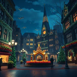 a wholesome animation key shot of a city plaza at christmas by studio ghibli, animation, sharp, rendered in unreal engine 5, focused, anime key art by greg hildebrant, bloom, dramatic lighting