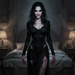 gorgeous alyson hannigan, evil dead movie, full body shot, torn black dress, evil smile, spooky, illustration, symmetrical face realistic symmetrical eyes, bedroom setting, cinematic lighting, evil dead, undead demon, artgerm, hyperdetailed, conrad roset, charlie bowater