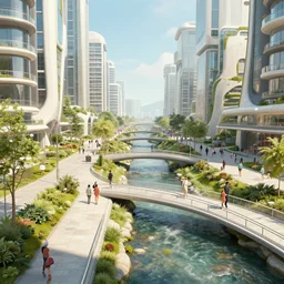 an optimistic futuristic pedestrian city with landscaped streams, idyllic crossing bridges, by mike winkelmann
