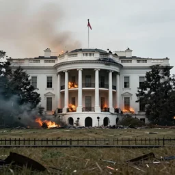 Burned Ruins of White House in USA  after bombing, photo