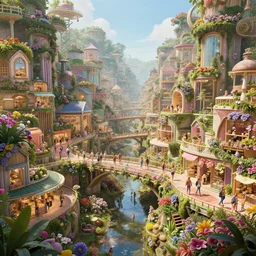 a humongous civilization of naturists, cinematic, flowers, bridges, malls, shops, city, people, houses, wet reflections, unreal engine 5, octane, smooth, ray tracing, hyper detailed, hyper realism, fantasy, trending on artstation, behance, deviantart