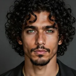 handsome!! hyper realistic man with curly black hair, tan skin, green eyes, anchor goatee | art by hirohiko araki & jean giraud