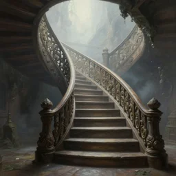 large rustic intricately decorated stairway, a view to an eerie fantasy world, ethereal back light, mist, coherent composition, detailed fantasy painting by artgerm, noriyoshi ohrai, yuumei