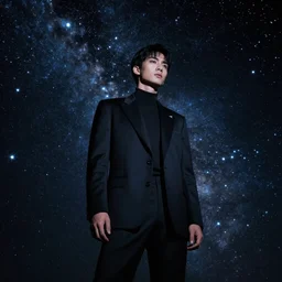 fashion editorial in deep space. stars. wide angle shot. highly detailed. depth of field. high definition. 8k. photography.