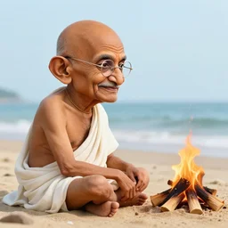gandhi with a big head and a small body, at the beach, sitting on the sand next to a campfire, with palm trees in the back, intricate detail, trending on artstation, sharp focus, illustration, caustics, octane render, radiant light, 4 k