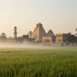 mix of egyptian and indian architecture, in the middle of rice field, early morning, mist, fog, in the style of dylan cole, photorealistic, octane, vray, unreal engine, trending on artstation, extreme wide shot, extreme long shot, cinematic composition