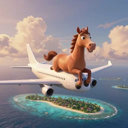 cartoon horse got on top of a plane, flying to the maldives, islands, style of cartoon, pixar,