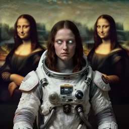 biblical daemonic girl wearing a spacesuit, glowing eyes, looking sideways, second coming, centered, portrait by Greg Hildebrandt, studio lighting, muted colors, by Terry Richardson, by Leonardo DaVinci, by Beeple, ultrarelistic, extreme detail, caustics, trending on Artstation, 8K, octane renderer, rtx on