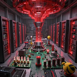 an immaculate octane redshift concept art render of the nexus between a vast modern computing center and an alchemist\'s lab with exposed circuit boards, nixie tubes and tesla coils by Zdzisław Beksiński and beeple, beautiful modern colors, ultradetailed, 4k ultra