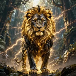 black lion's god looking at you with fur made from gold lightnings surrounded by epic ancient huge forest and mountains, colossal scale, cinematic shot, hyperdetails, dramatic lighting, by Evgeniy Antonenkov and James Jean