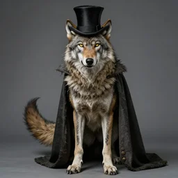 Tall emaciated man wolf hybrid, covered in matted fur, he has yellow wolf eyes, a long bent rat like tail, long coyote like ears, and is Wearing a cape with a Top Hat, highly realistic, Rick Baker style, photoreal, photograph in the style of Annie Leibovitz, Studio lighting