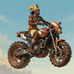 an concept art illustration, a african tribal man riding on a floating mechanical rusty motor biome, fantasy, style by ivan talavera and wlop, anime color palette, trending in artstation, cgsociety, octane render, ultra sharp, 8 k