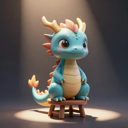 cute dragon sitting on a stool, volumetric lighting, spotlight