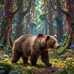 a realistic brown bear, walking through a psychedelic forest, wide angle landscape shot, pixar style by tristan eaton, artgerm and tom bagshaw
