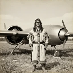 portrait of Iroquois warrior next to ancient jet engine drone, vintage old photo