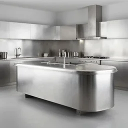 a kitchen with kitchenisle by peter vetsch, dieselpunk design, streamlined, aluminium hull, metal, iron, photography, promotional photoshoot, zeiss!!! lens, canon eos, redmagic - cinema, design, studio lighting, 8 k, high detail