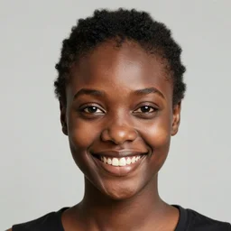 stock photo of a black girl with a huge forehead, smiling to camera