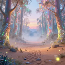 highly detailed holographic iridescent glowing ethereal sci fi world with forests, deserts, prismatic fireflies, fog at dusk, by gilbert williams, by simon stalenhag, by beeple, by bruce pennington, by moebius, octane render, with many different pastel shades of blue pink orange yellow green, beautiful volumetric lighting