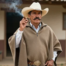a mustachioed cowboy wearing a poncho and smoking a cigar
