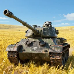 a high resolution very detailed image of smiling a 2 in russian tank boss fight from nier : automata in yellow rye field under pure blue skies