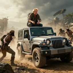 Mahindra thar, tribe members attacking, action scene, an epic fantasy, dramatic lighting, cinematic, establishing shot, extremely high detail, photorealistic, cinematic lighting, artstation, octane render, by christopher nolan, horizon forbidden west