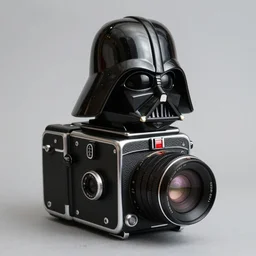 photograph of a medium format camera!!! designed to look like Darth Vader's (helmet) . very detailed. plain background. 8K . still life photo. elegant vintage design.
