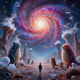 strange creatures wandering The Grove!!!!!, And the flung spray and the blown spume and the seagulls crying!!!, An Odyssey Beyond Reality, cinematic, hyper realism, high detail, octane render, unreal engine, 8k, vibrant color, from the spirals of galaxies to the hexagonal shapes of snow crystals!!, a desolate alien world full of rich colors!!!!, unique architecture!, by andrea chiampo and chet zar