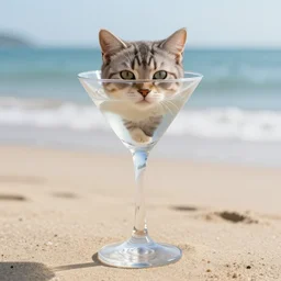 photo of a glass of martini with a cat inside it, on the beach